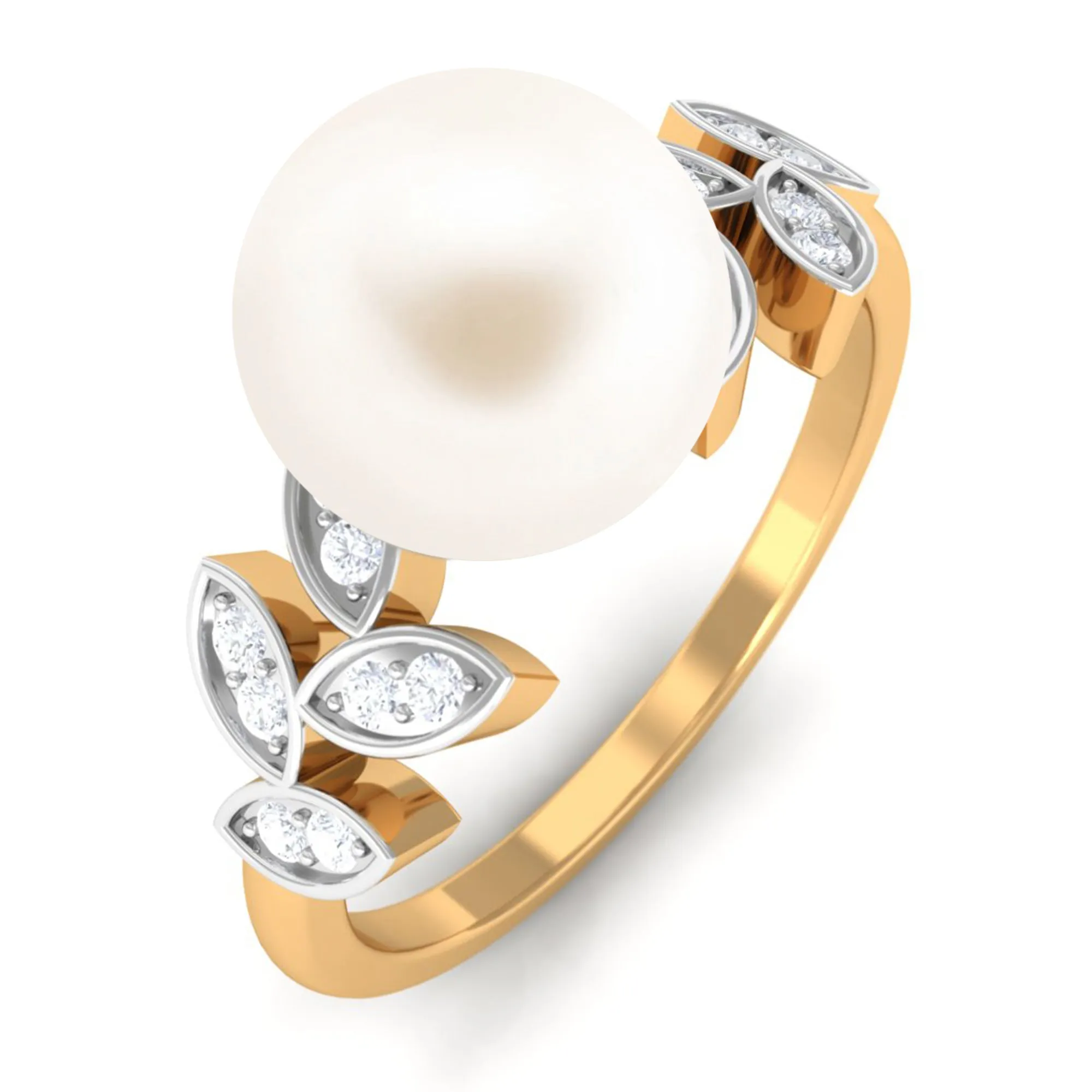 Freshwater Pearl Solitaire Engagement Ring with Diamond Leaf Shank