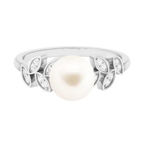 Freshwater Pearl Solitaire Engagement Ring with Diamond Leaf Shank