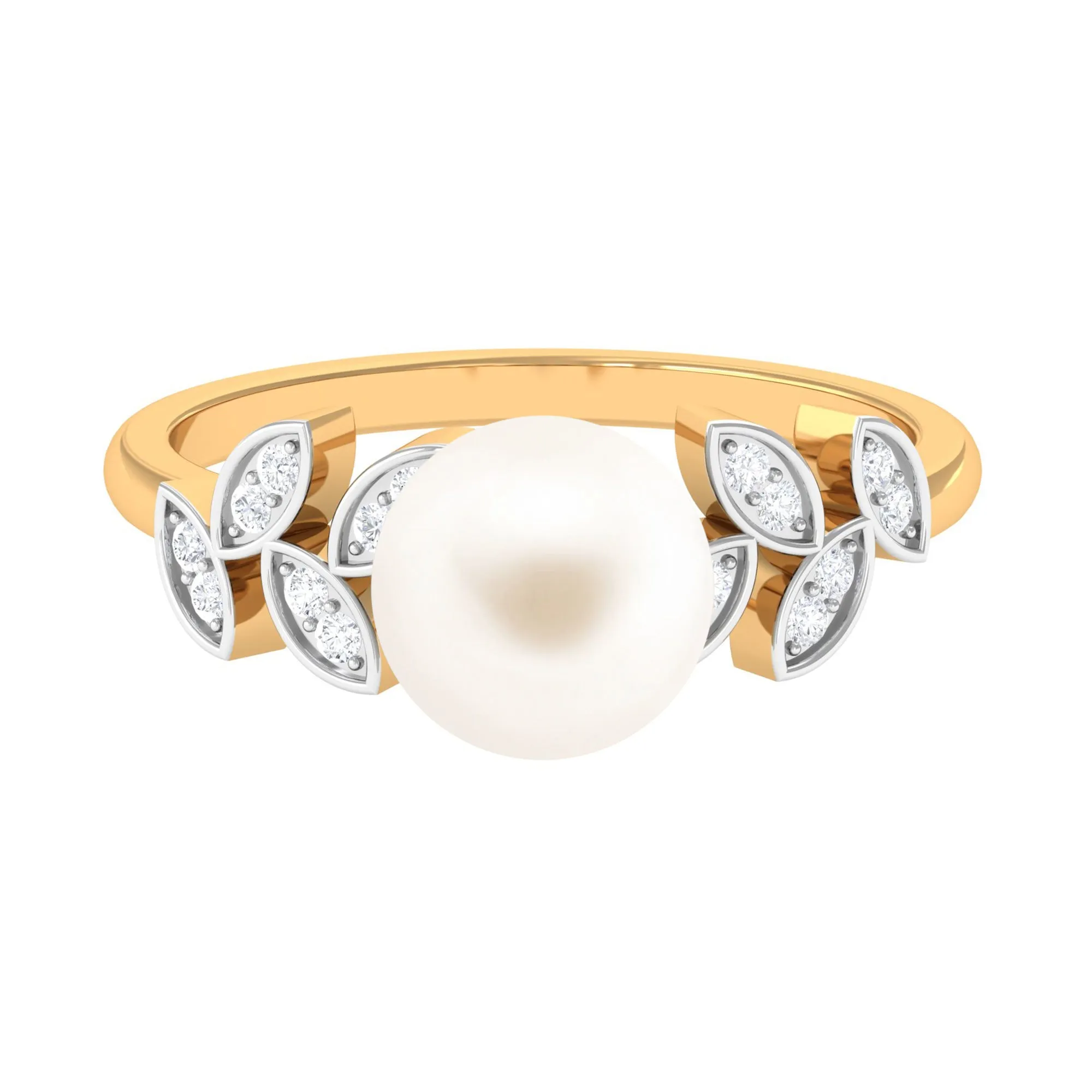 Freshwater Pearl Solitaire Engagement Ring with Diamond Leaf Shank