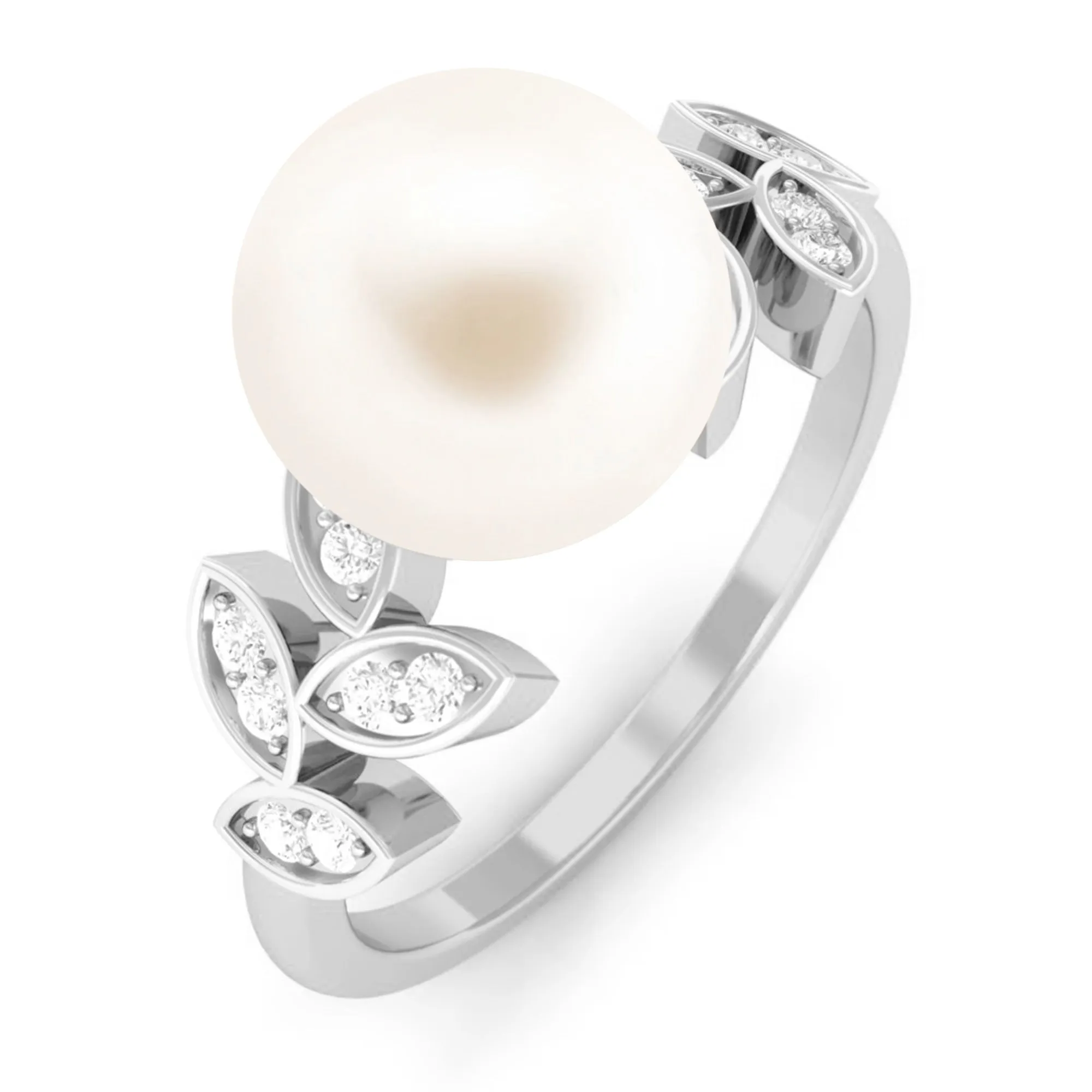 Freshwater Pearl Solitaire Engagement Ring with Diamond Leaf Shank