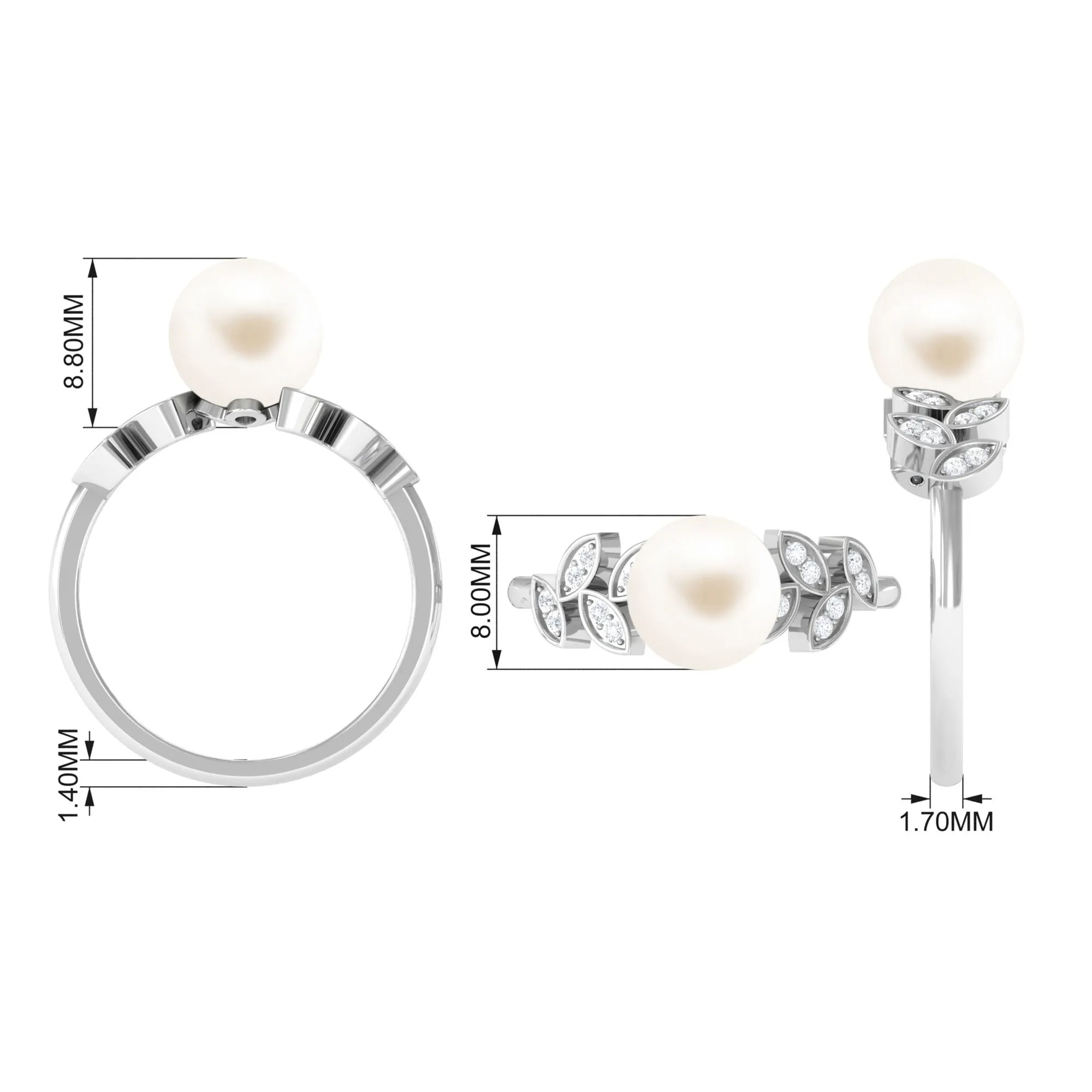 Freshwater Pearl Solitaire Engagement Ring with Diamond Leaf Shank