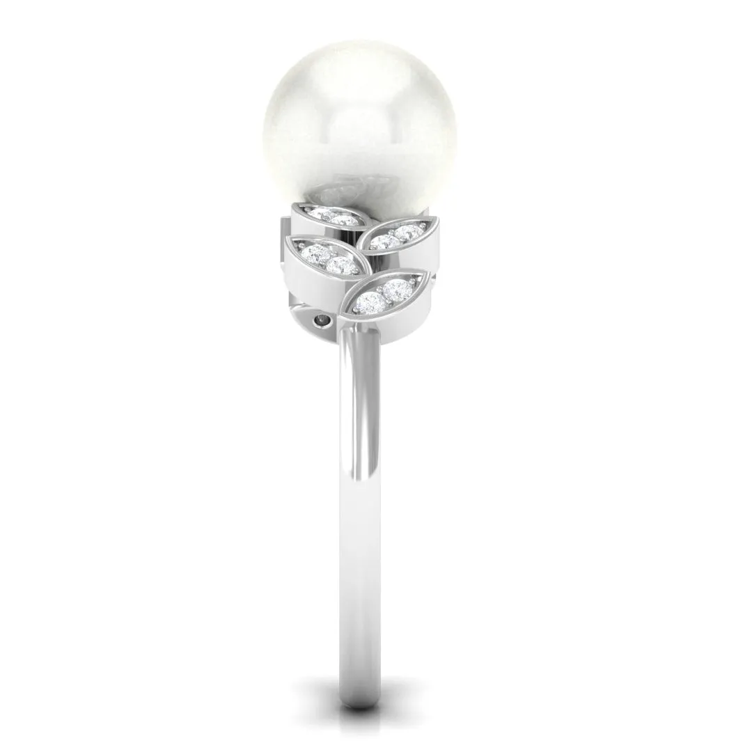 Freshwater Pearl Solitaire Engagement Ring with Diamond Leaf Shank