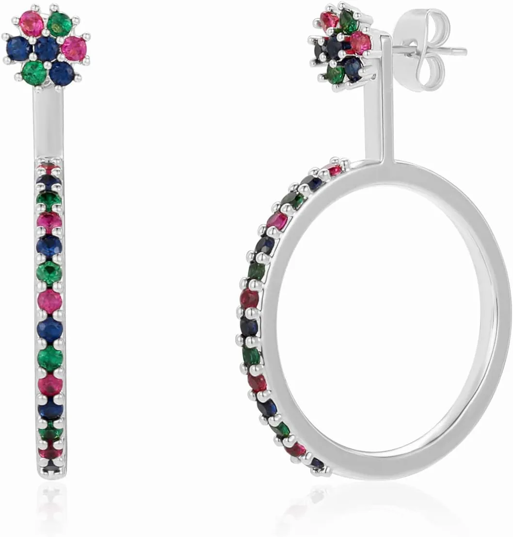 Front Back Earrings for Women, 18K Gold Plated Rainbow Earring Jackets Flower Stud Hoop Micro Inlaid Zircon 925 Sterling Silver Needle Jewelry