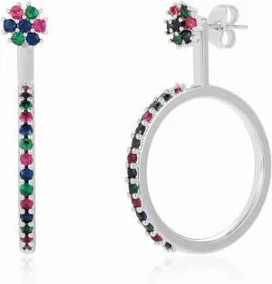 Front Back Earrings for Women, 18K Gold Plated Rainbow Earring Jackets Flower Stud Hoop Micro Inlaid Zircon 925 Sterling Silver Needle Jewelry