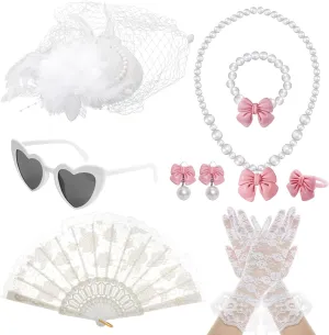 Fumwase 8Pcs White Tea Party Accessories Set Tea Party Gloves Hats Necklace Fan Bracelet Earrings Sunglass Ring
