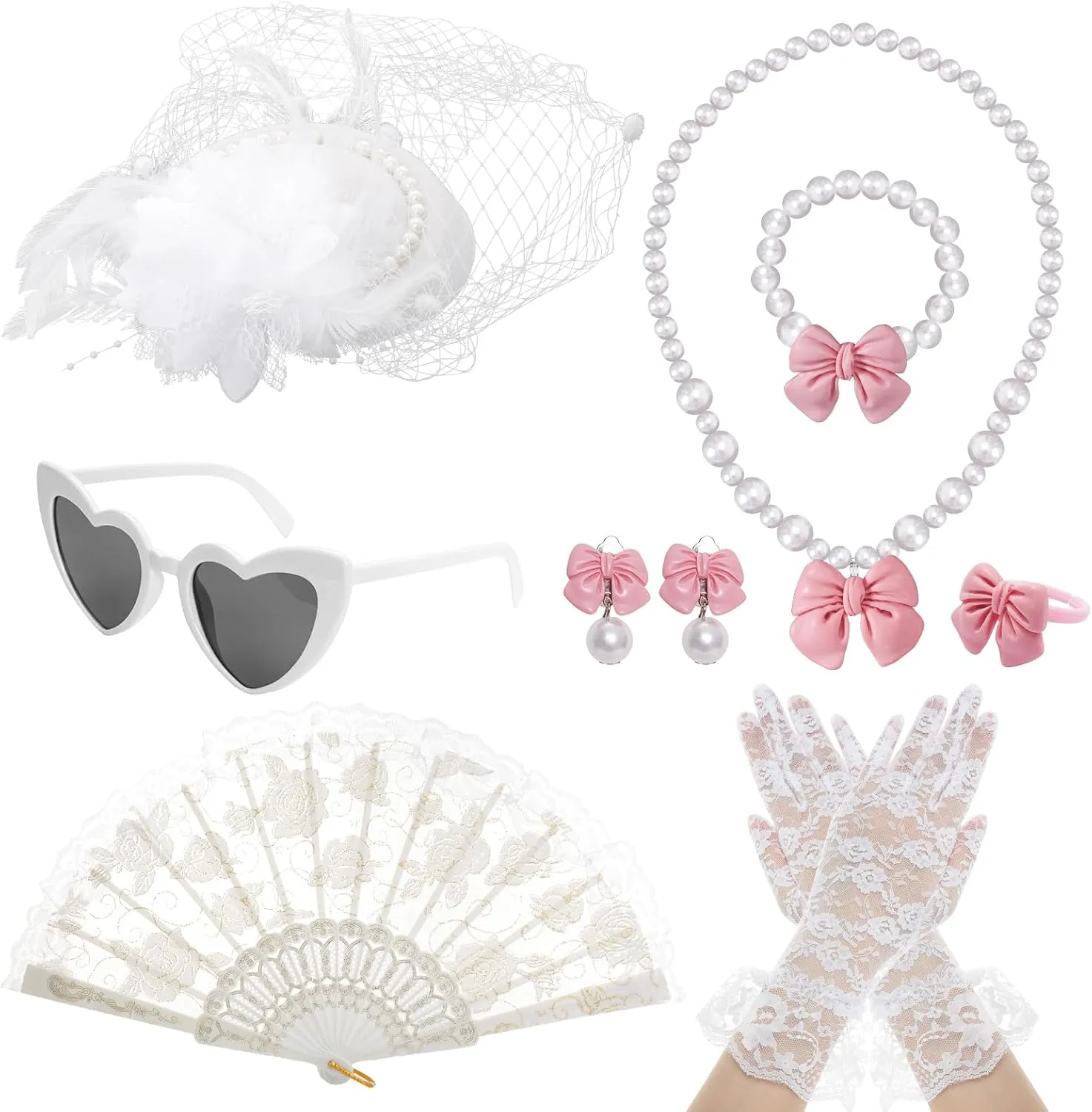 Fumwase 8Pcs White Tea Party Accessories Set Tea Party Gloves Hats Necklace Fan Bracelet Earrings Sunglass Ring