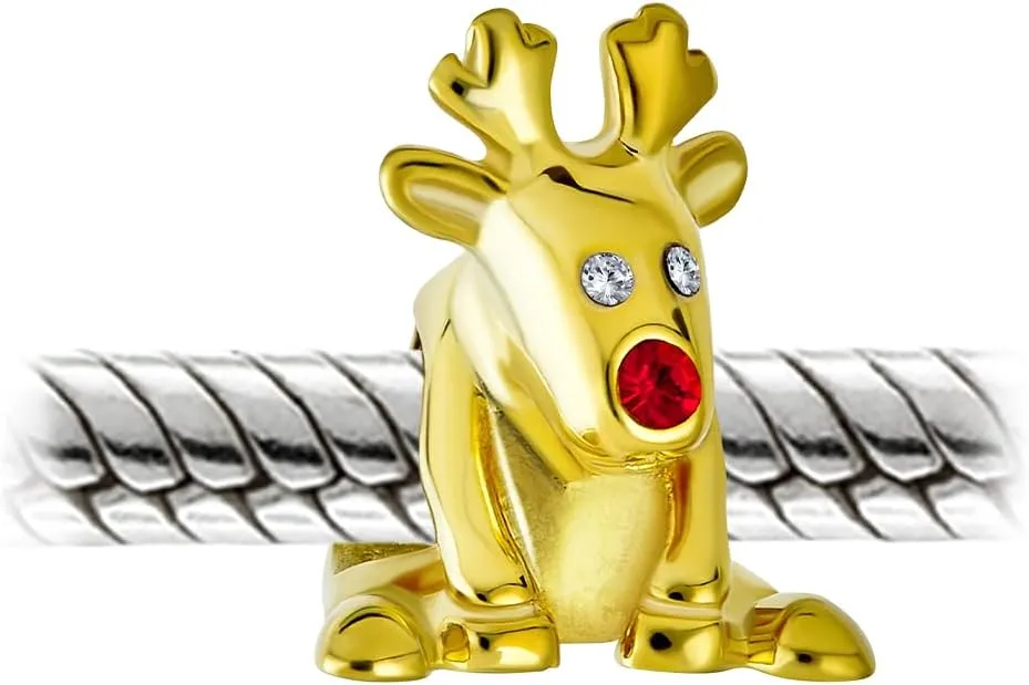 Fun Caribou Elk Christmas Holiday Rudolph Red Nose Reindeer Sparkling Crystal Charm Bead For Women Teen 14K Gold Plated .925 Sterling Silver Fits European Bracelet