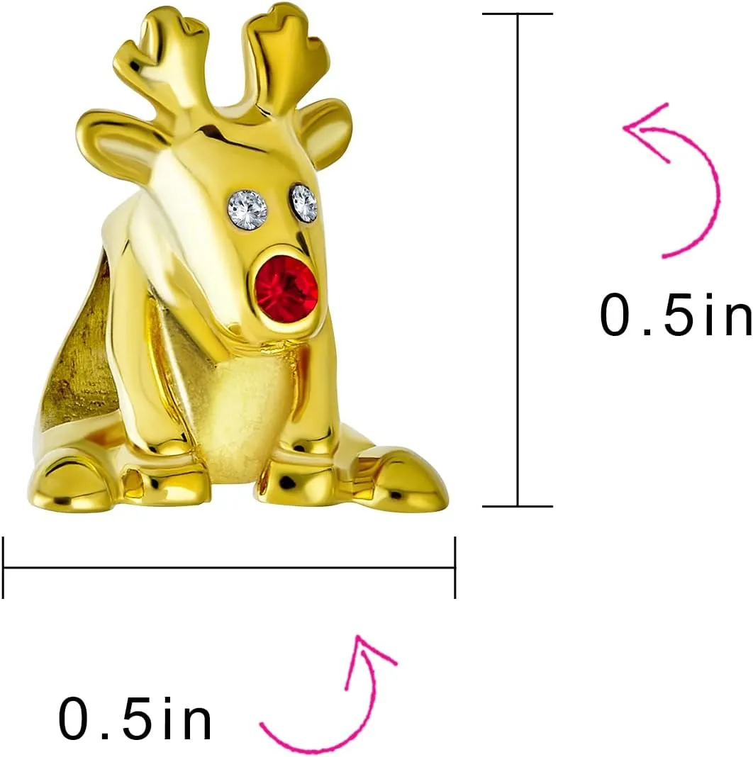 Fun Caribou Elk Christmas Holiday Rudolph Red Nose Reindeer Sparkling Crystal Charm Bead For Women Teen 14K Gold Plated .925 Sterling Silver Fits European Bracelet