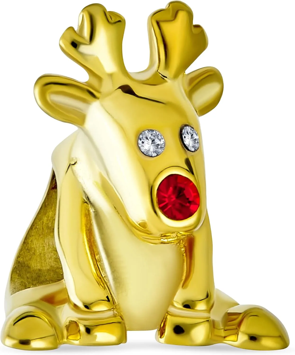 Fun Caribou Elk Christmas Holiday Rudolph Red Nose Reindeer Sparkling Crystal Charm Bead For Women Teen 14K Gold Plated .925 Sterling Silver Fits European Bracelet