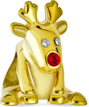 Fun Caribou Elk Christmas Holiday Rudolph Red Nose Reindeer Sparkling Crystal Charm Bead For Women Teen 14K Gold Plated .925 Sterling Silver Fits European Bracelet