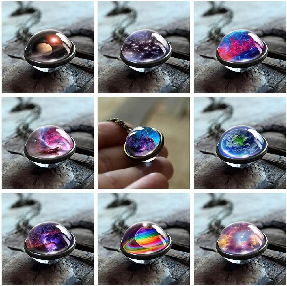 Galaxy Pendant Necklaces Nebula Double Sided Outer Space Glass Planet Necklace for Women Men Earth Globe Universe Jewelry Christmas Gifts