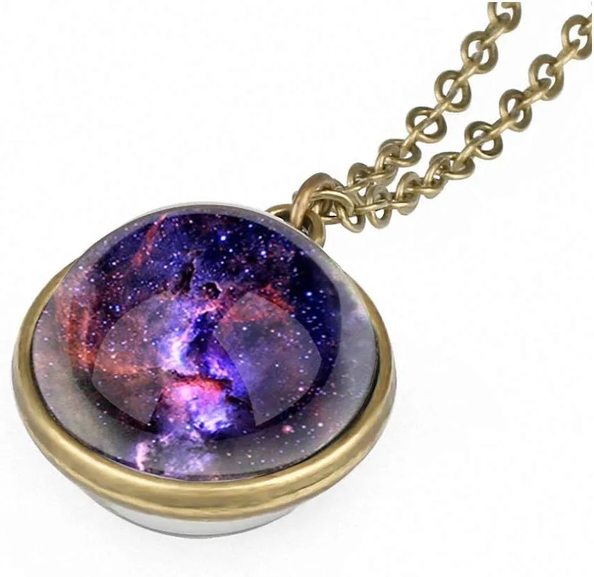 Galaxy Pendant Necklaces Nebula Double Sided Outer Space Glass Planet Necklace for Women Men Earth Globe Universe Jewelry Christmas Gifts