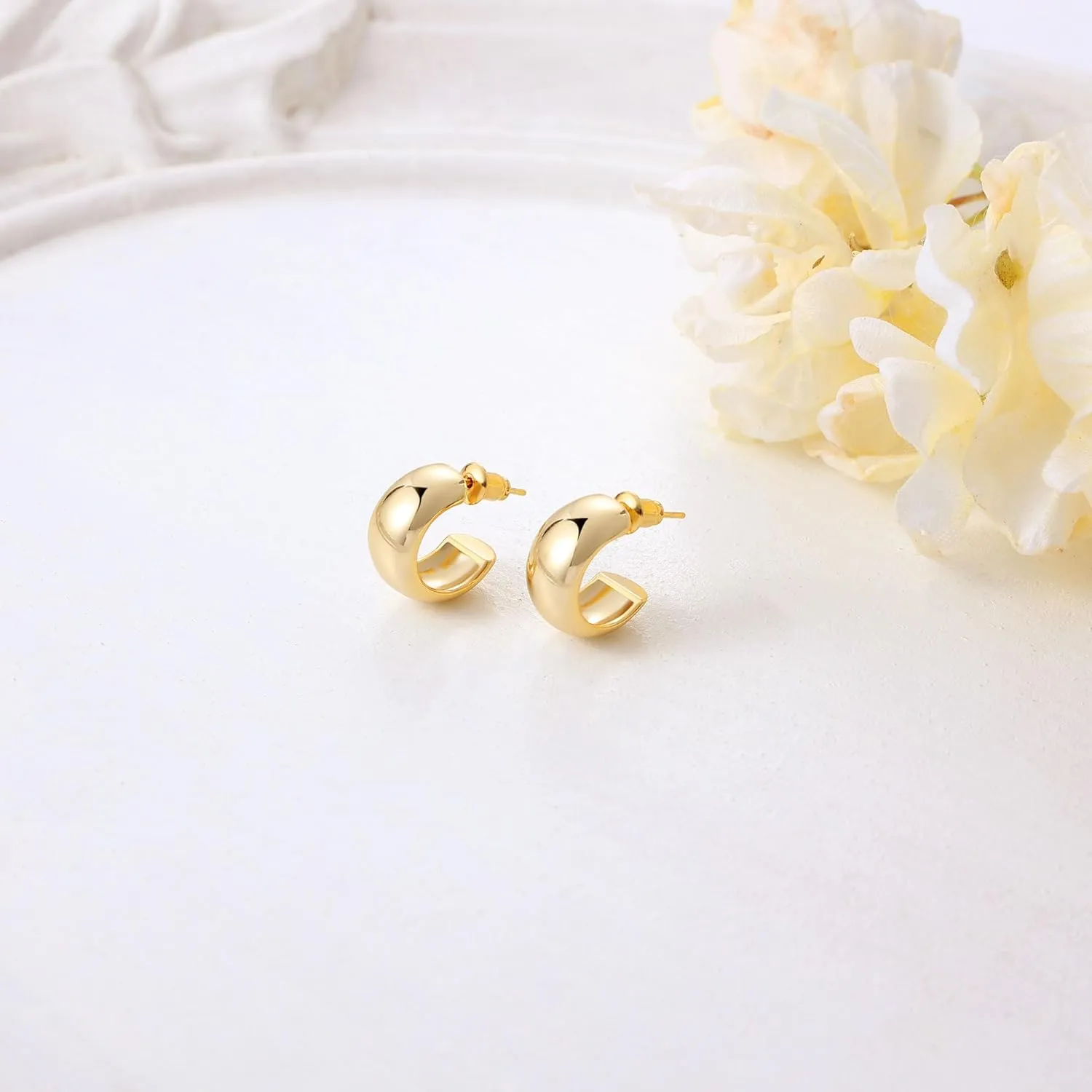 Gamicy Small Gold Hoop Earrings for Women with 925 Stering Silver Post, 14K Real Gold Plated Chunky Lightweight Hoops Earrings