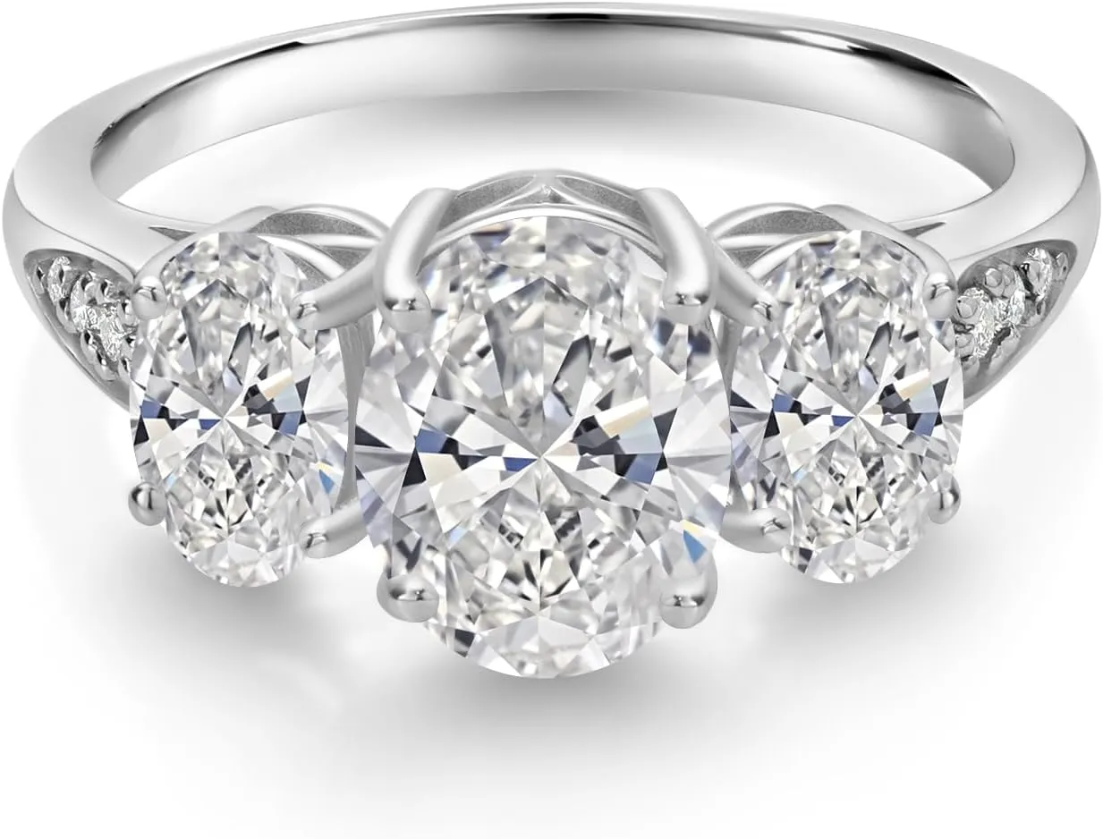 Gem Stone King 10K White Gold Oval Gemstone Birthstone and White Lab Grown Diamond 3-Stone Engagement Ring For Women | Center Oval 8X6MM and Side Oval Diamonds = 1.00 Cttw