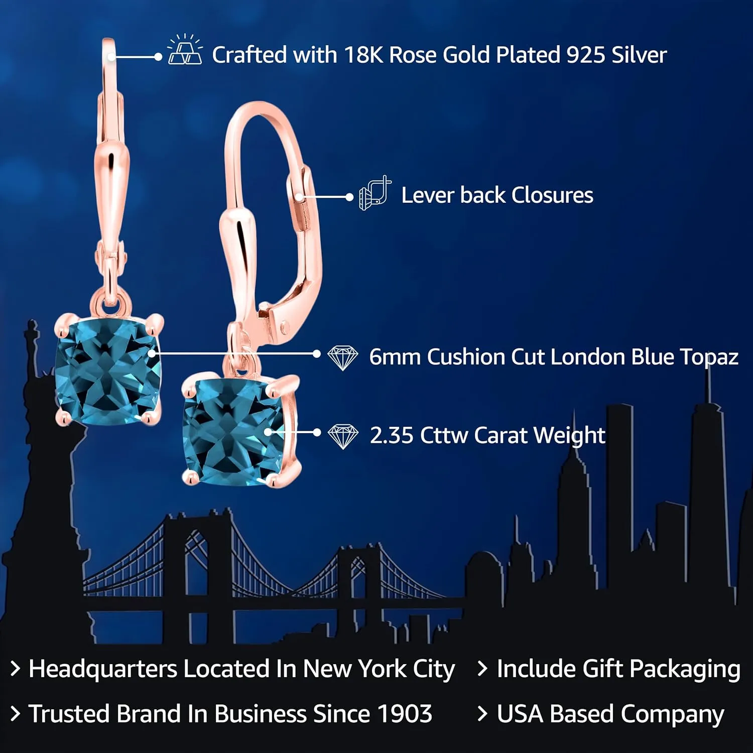 Gem Stone King 18K Rose Gold Plated Silver 6MM Cushion Gemstone Birthstone Dangle Earrings For Women | Fine Jewelry Gifts for Her Mom Women Wife