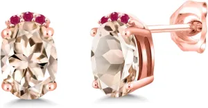Gem Stone King 18K Rose Gold Plated Silver Peach Morganite Red Ruby Stud Earrings For Women (1.37 Cttw, Gemstone October Birthstone, Oval 7X5MM)