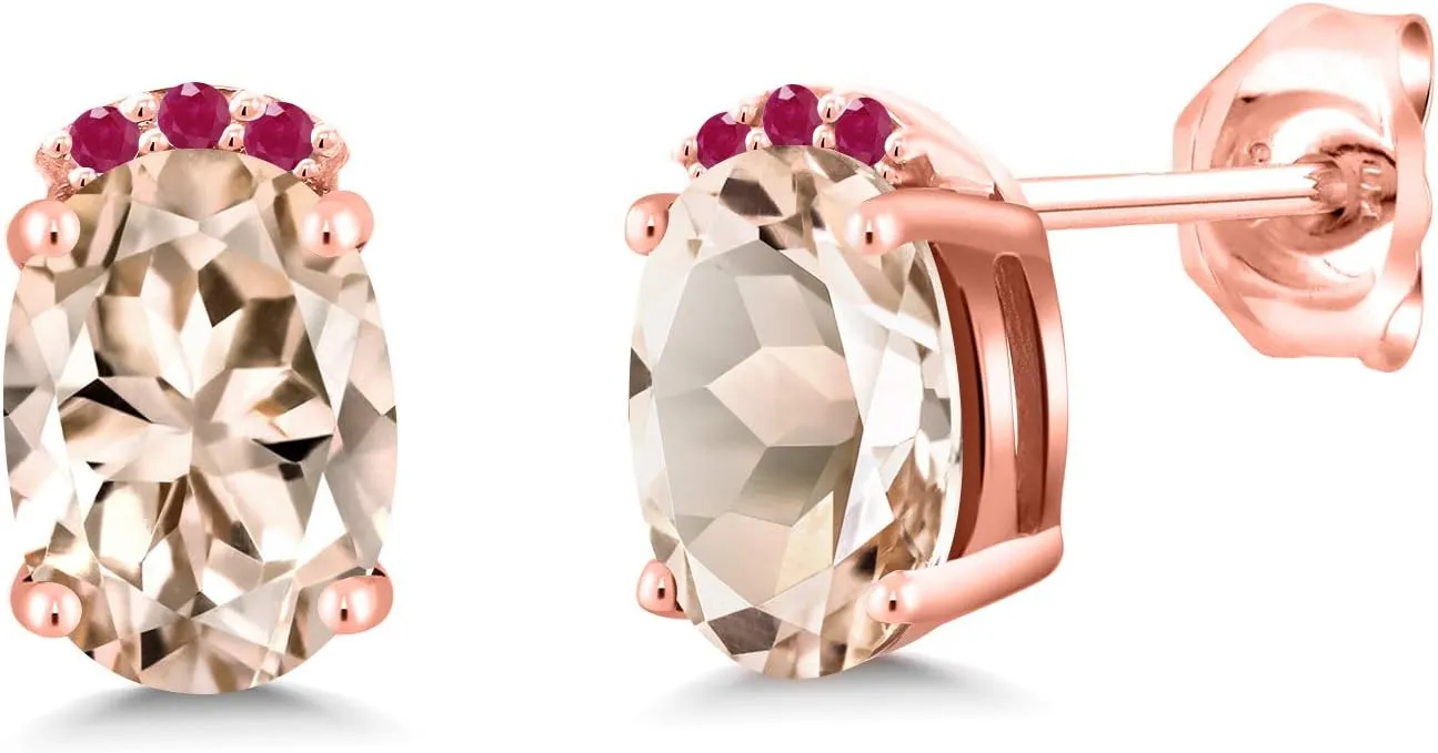 Gem Stone King 18K Rose Gold Plated Silver Peach Morganite Red Ruby Stud Earrings For Women (1.37 Cttw, Gemstone October Birthstone, Oval 7X5MM)
