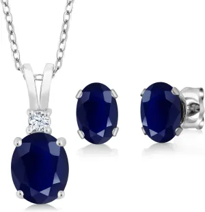 Gem Stone King 3.85 Cttw Oval Blue Sapphire Pendant and Earrings Jewelry Set For Women | 925 Sterling Silver | Gemstone Birthstone | Oval 8X6MM and 7X5MM | With 18 Inch Silver Chain