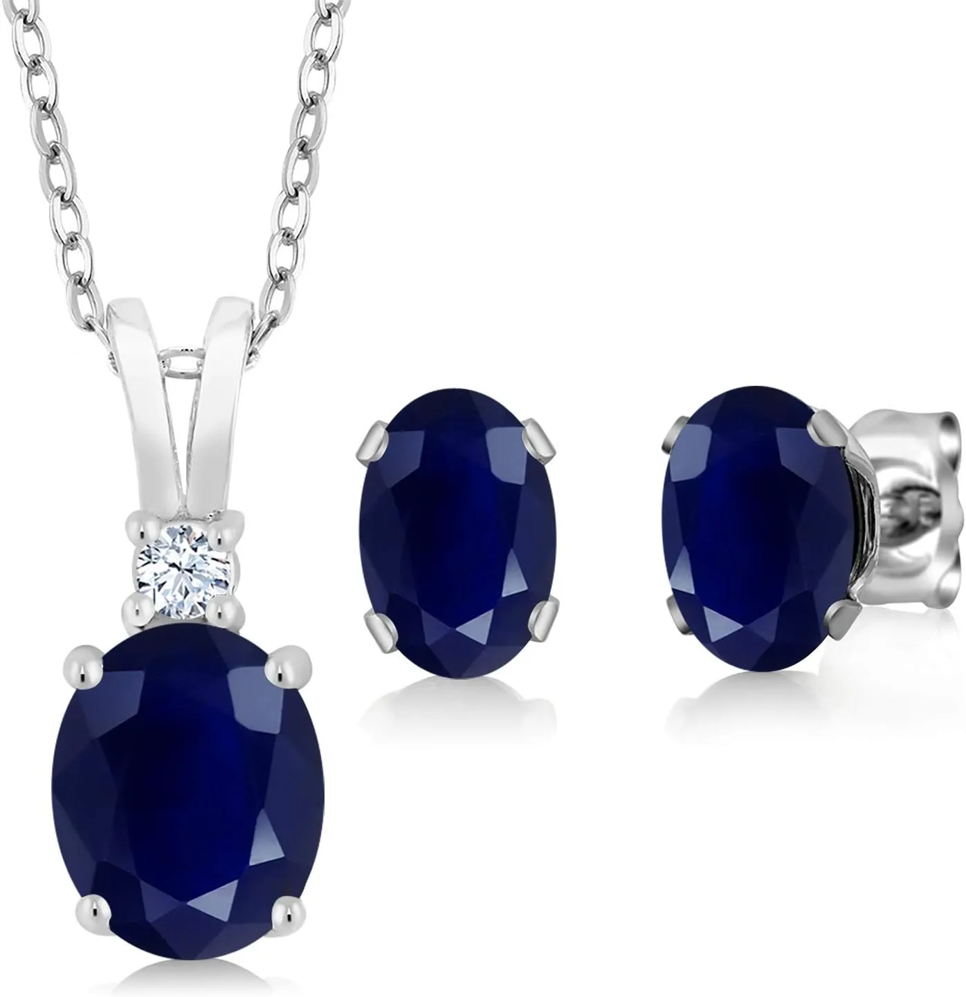 Gem Stone King 3.85 Cttw Oval Blue Sapphire Pendant and Earrings Jewelry Set For Women | 925 Sterling Silver | Gemstone Birthstone | Oval 8X6MM and 7X5MM | With 18 Inch Silver Chain