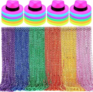 Geyoga 24 Pcs Neon Gangster Hats Glow Party Hats Supplies and 120 Pcs Neon Beads Necklace Bulk 6 Colors 32" Beads with Gangster Cap