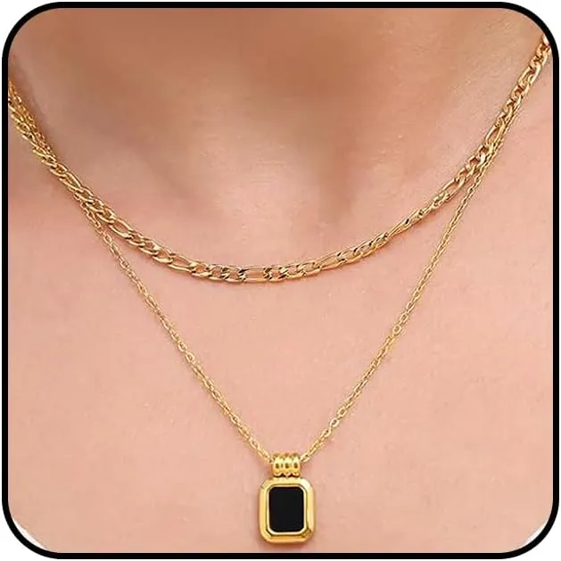 GIGB PBDK Layered Black Birthstone Necklace for Women Bohemia Adjustable Rectangular Crystal Pendant Choker Minimalist Birthstone Collarbone Chain Jewelry Gifts