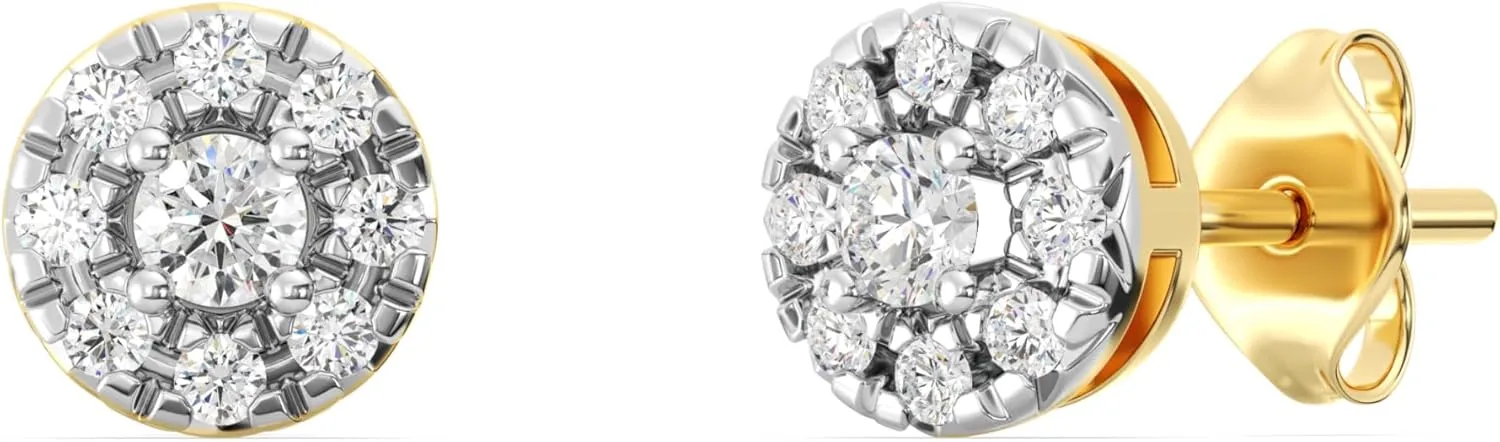 Gilded Lab-Grown Diamond Stud Plus Round Halo Earrings for Women, Round Cut, 4-Prong, Push Back, 925 Sterling Silver or 14KTGold-Plated, F Color SI1