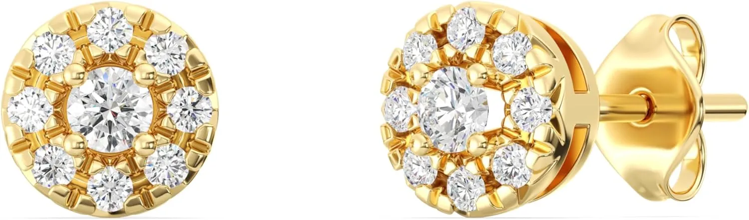 Gilded Lab-Grown Diamond Stud Plus Round Halo Earrings for Women, Round Cut, 4-Prong, Push Back, 925 Sterling Silver or 14KTGold-Plated, F Color SI1