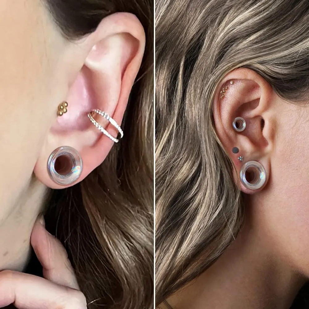 Glass Ear Gauges Plugs and Tunnels- Crystal Clear & Rainbow, Hypoallergenic, Single Flared Saddle with O-Rings, Size 6mm-20mm Ear Stretcher Expander Body Jewelry