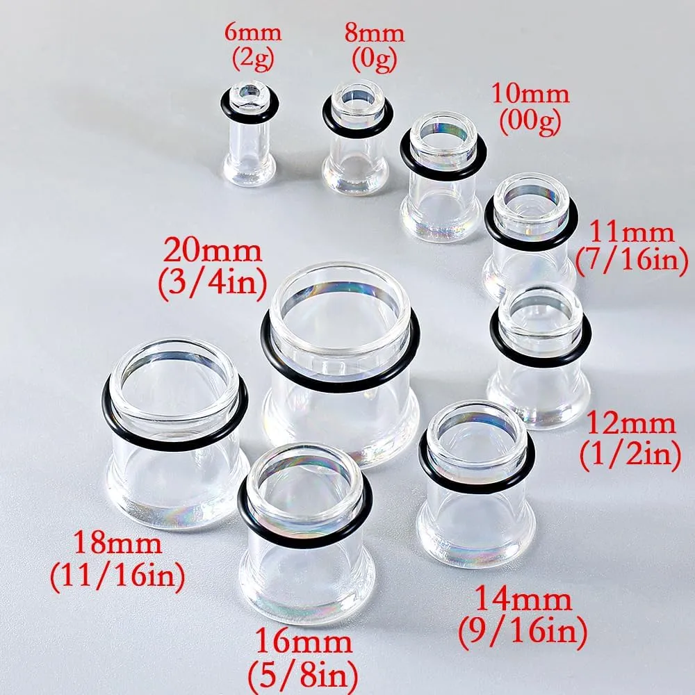 Glass Ear Gauges Plugs and Tunnels- Crystal Clear & Rainbow, Hypoallergenic, Single Flared Saddle with O-Rings, Size 6mm-20mm Ear Stretcher Expander Body Jewelry