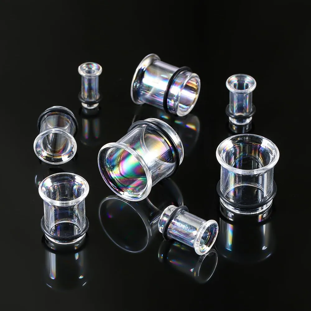 Glass Ear Gauges Plugs and Tunnels- Crystal Clear & Rainbow, Hypoallergenic, Single Flared Saddle with O-Rings, Size 6mm-20mm Ear Stretcher Expander Body Jewelry