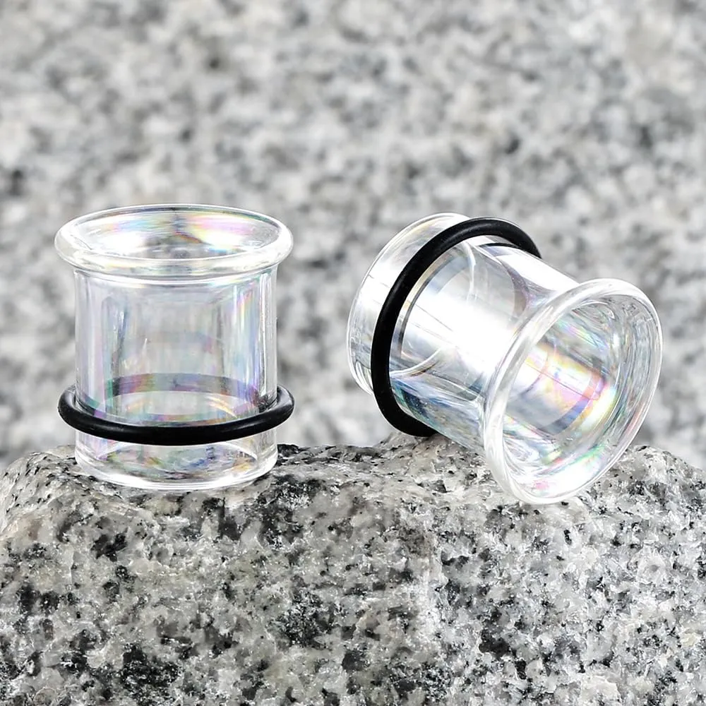 Glass Ear Gauges Plugs and Tunnels- Crystal Clear & Rainbow, Hypoallergenic, Single Flared Saddle with O-Rings, Size 6mm-20mm Ear Stretcher Expander Body Jewelry