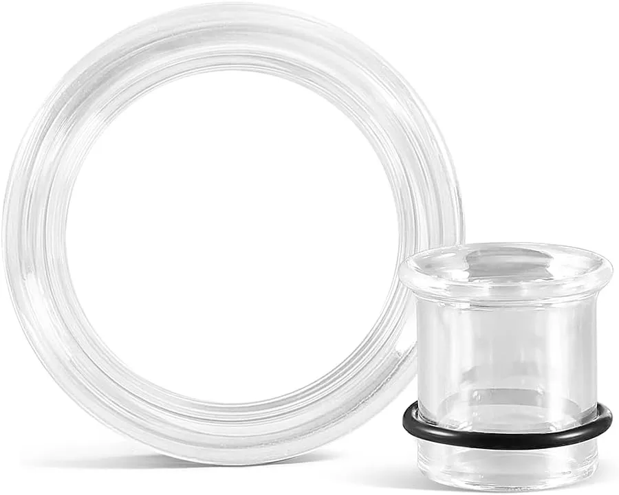 Glass Ear Gauges Plugs and Tunnels- Crystal Clear & Rainbow, Hypoallergenic, Single Flared Saddle with O-Rings, Size 6mm-20mm Ear Stretcher Expander Body Jewelry