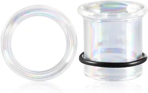 Glass Ear Gauges Plugs and Tunnels- Crystal Clear & Rainbow, Hypoallergenic, Single Flared Saddle with O-Rings, Size 6mm-20mm Ear Stretcher Expander Body Jewelry
