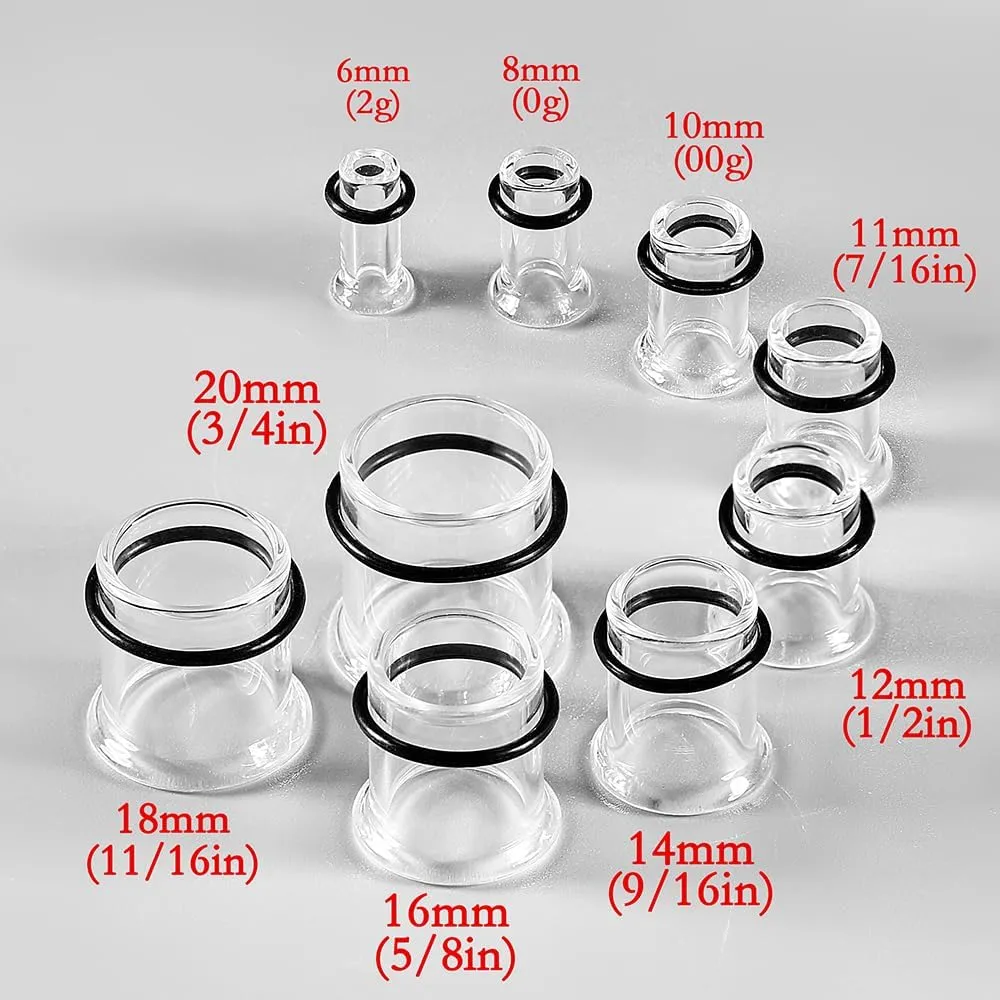 Glass Ear Gauges Plugs and Tunnels- Crystal Clear & Rainbow, Hypoallergenic, Single Flared Saddle with O-Rings, Size 6mm-20mm Ear Stretcher Expander Body Jewelry