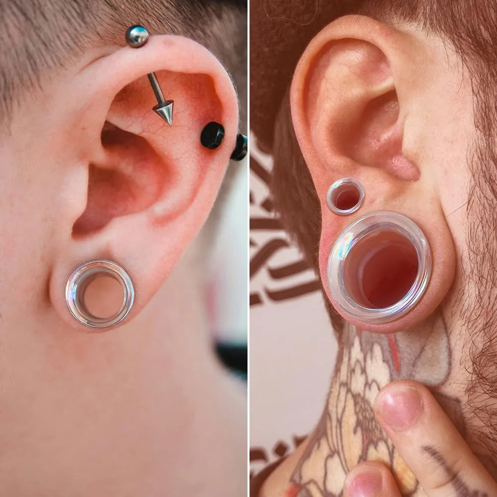 Glass Ear Gauges Plugs and Tunnels- Crystal Clear & Rainbow, Hypoallergenic, Single Flared Saddle with O-Rings, Size 6mm-20mm Ear Stretcher Expander Body Jewelry