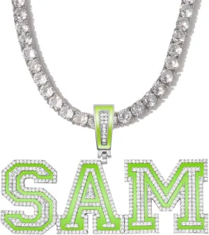 Glow in the Dark Name Necklace with Iced Out Chains, Custom Necklaces for Man And Women, Hip Hop 14k Real Gold Plated Jewelry, Personalized Luminous Initial Letter Pendant with Rope Chain/Tennis Chain (Green/Silver)