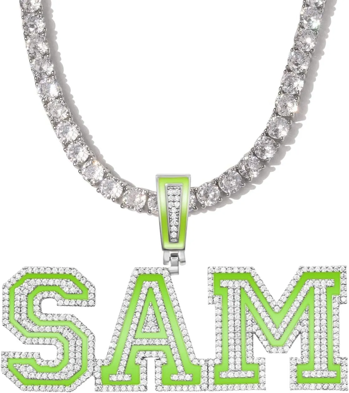 Glow in the Dark Name Necklace with Iced Out Chains, Custom Necklaces for Man And Women, Hip Hop 14k Real Gold Plated Jewelry, Personalized Luminous Initial Letter Pendant with Rope Chain/Tennis Chain (Green/Silver)