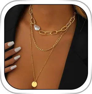 Gold Boho Necklace for Women Layered Pearl Necklaces Punk Trendy Necklace Adjustable Jewelry for Festival Wedding