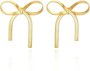 Gold Bow Earrings for Women 18K Gold Ribbon Bow Studs Bow Drop Dangle Tassel Earrings Wedding Prom Fashion Jewelry