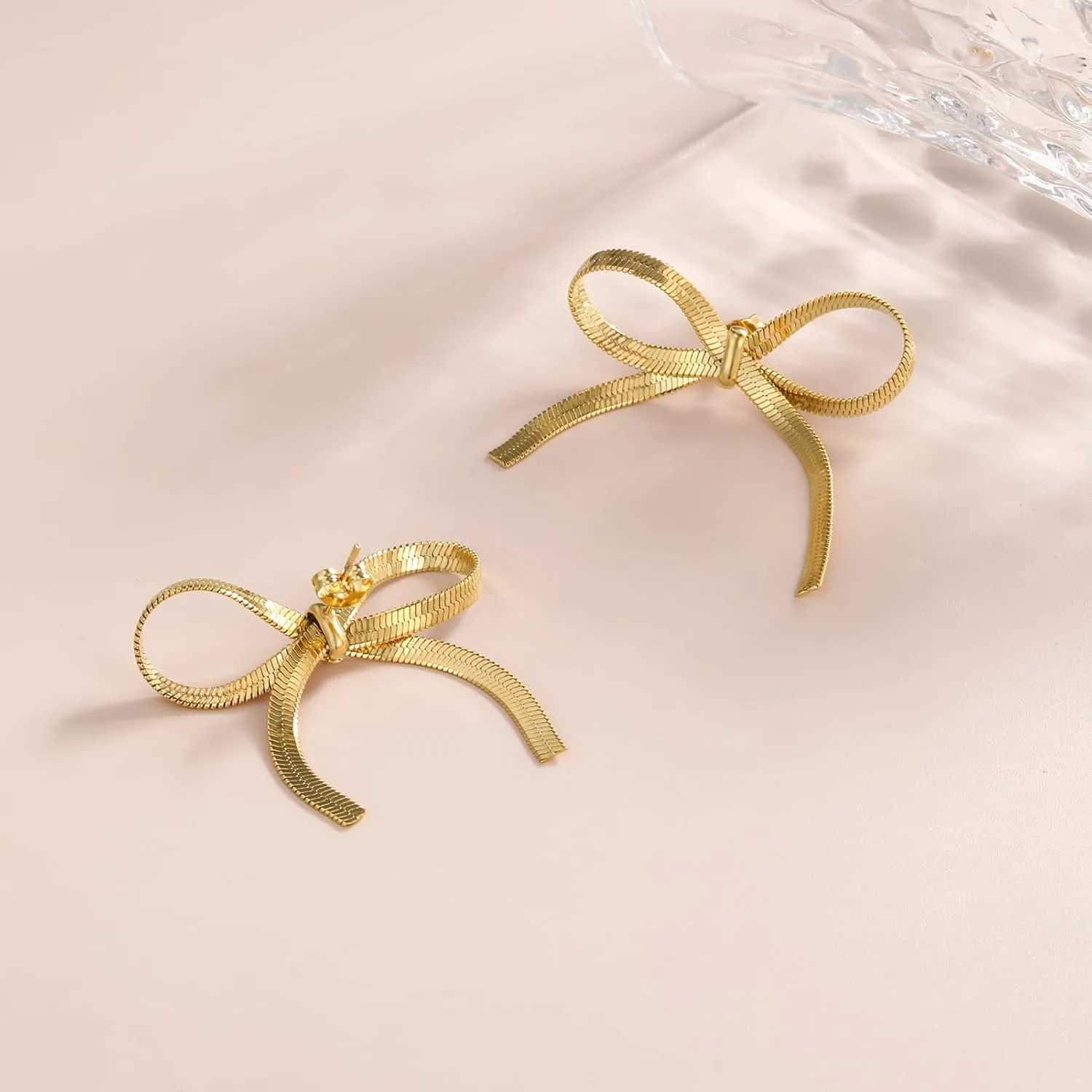 Gold Bow Earrings for Women 18K Gold Ribbon Bow Studs Bow Drop Dangle Tassel Earrings Wedding Prom Fashion Jewelry