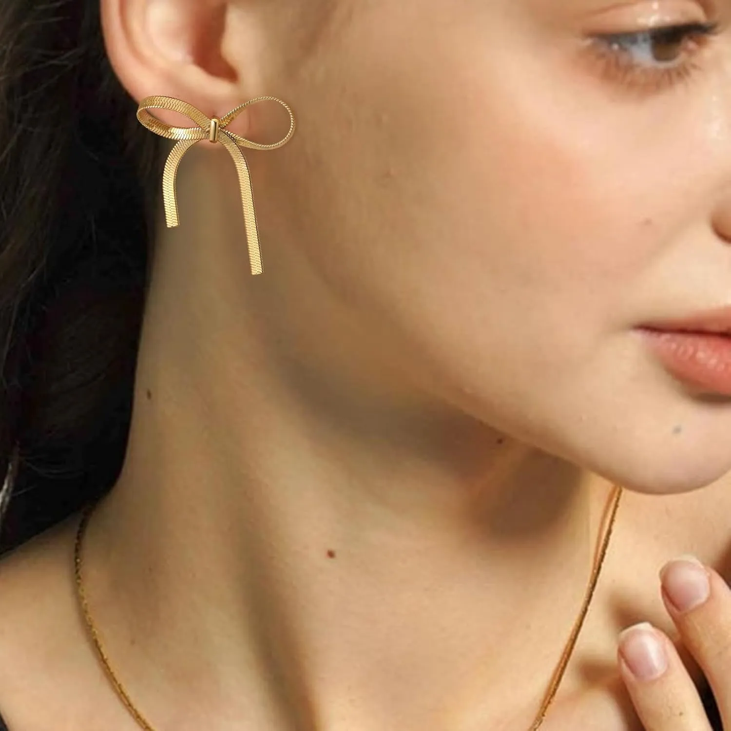 Gold Bow Earrings for Women 18K Gold Ribbon Bow Studs Bow Drop Dangle Tassel Earrings Wedding Prom Fashion Jewelry