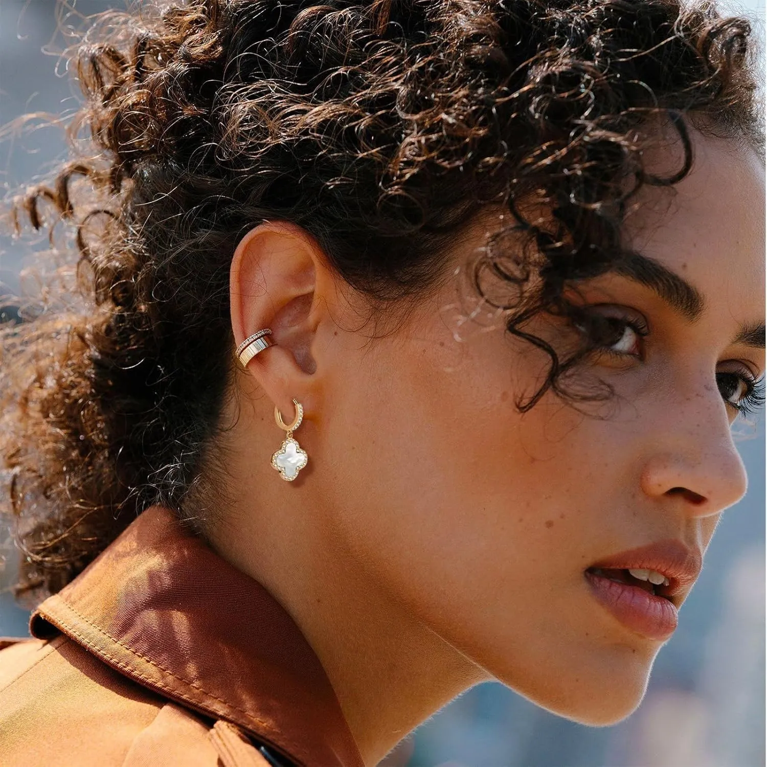 Gold Dangle Earrings, 14K Gold Plated Small Huggie Hoop Earrings with Clover Charms, Dainty Drop Dangle Earrings for Women