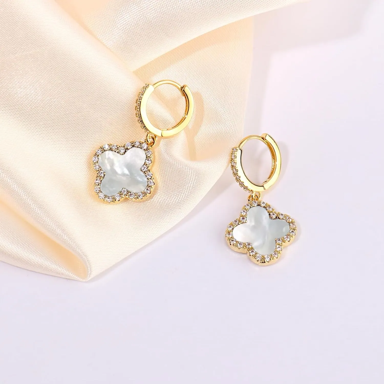 Gold Dangle Earrings, 14K Gold Plated Small Huggie Hoop Earrings with Clover Charms, Dainty Drop Dangle Earrings for Women