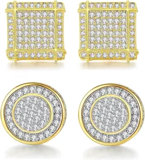 Gold Earrings for Men, Cubic Zirconia Stud Earrings for Women, Round Square Hypoallergenic Earrings,14K Gold Plated Earrings Set for Hip Hop Boy