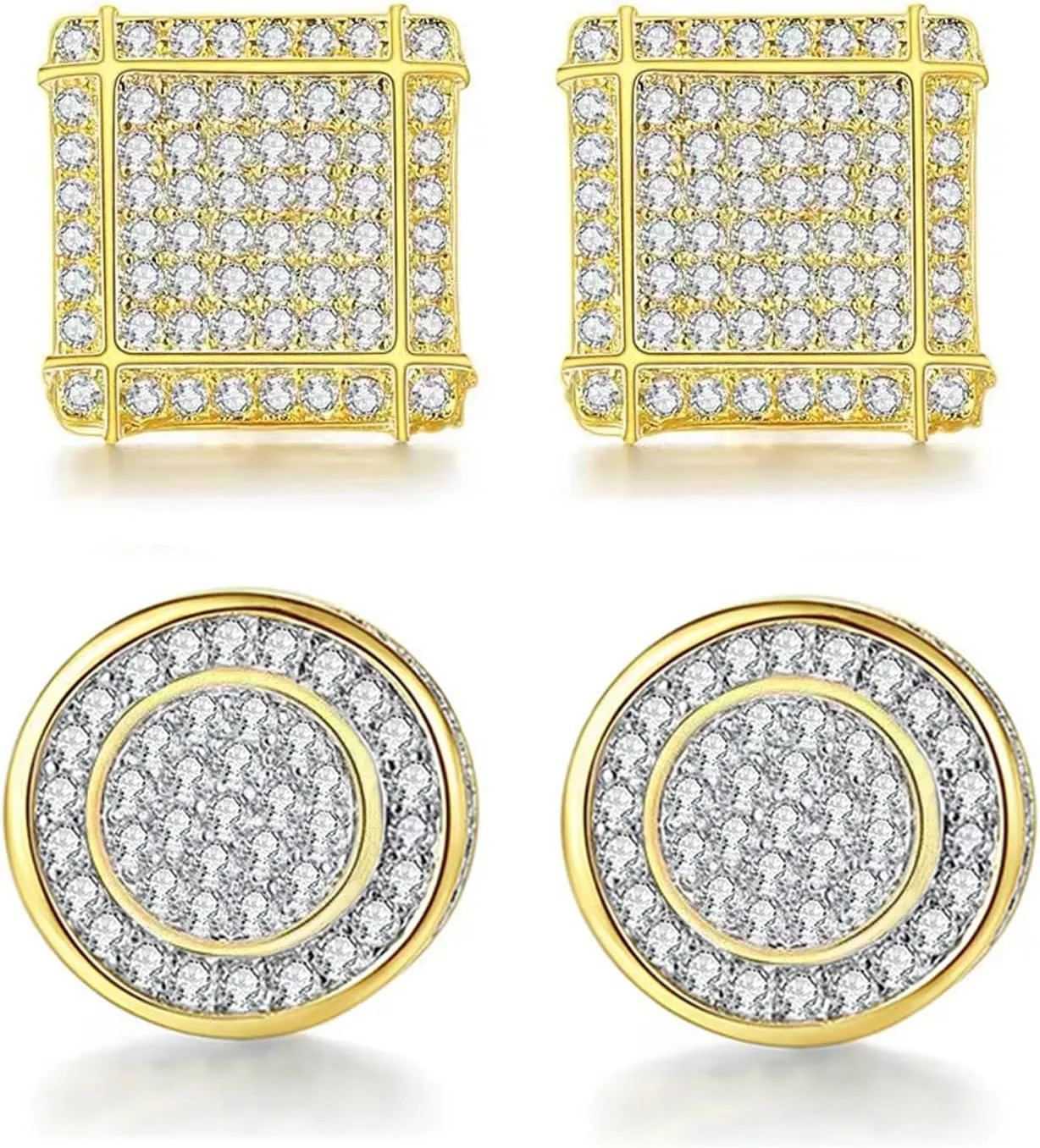 Gold Earrings for Men, Cubic Zirconia Stud Earrings for Women, Round Square Hypoallergenic Earrings,14K Gold Plated Earrings Set for Hip Hop Boy