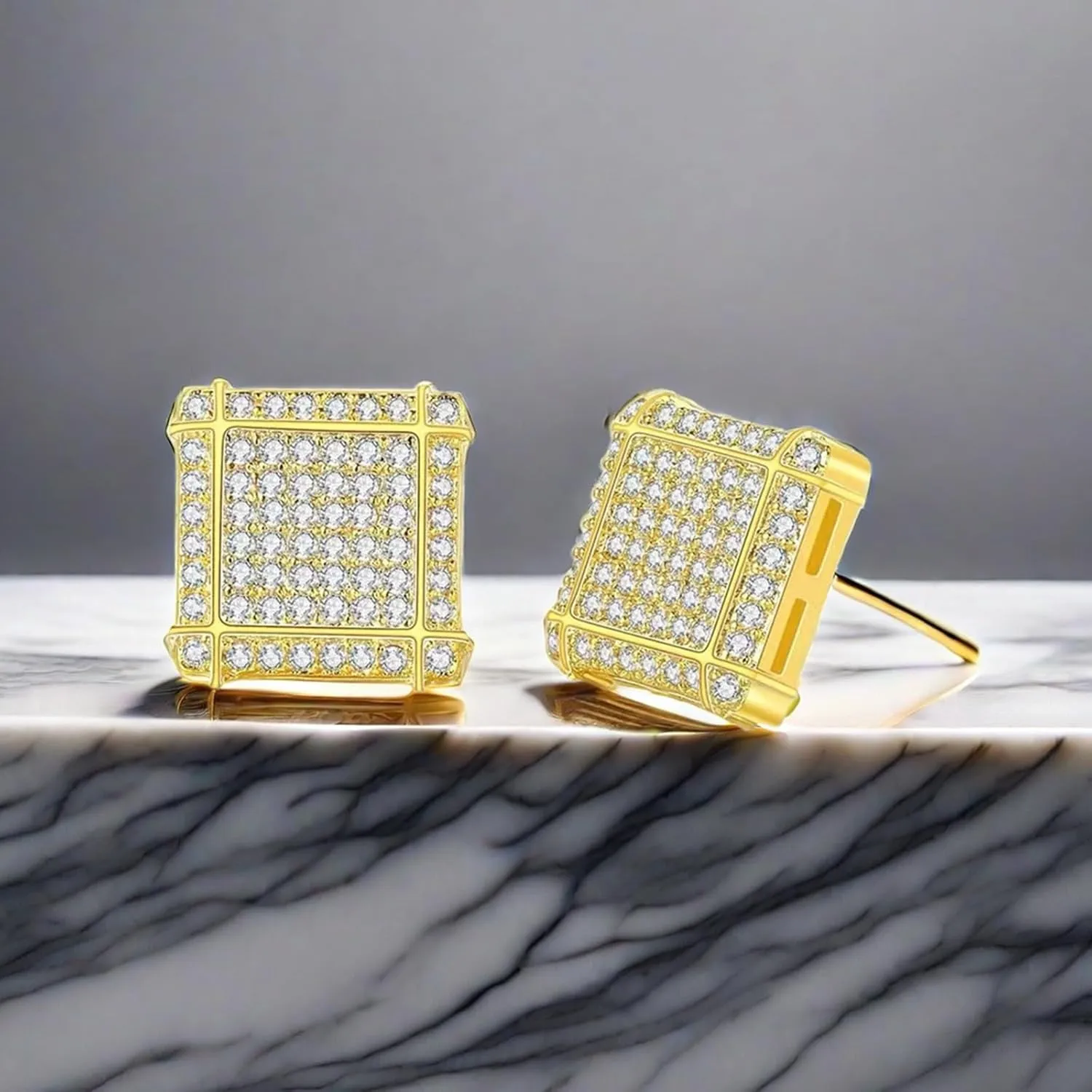 Gold Earrings for Men, Cubic Zirconia Stud Earrings for Women, Round Square Hypoallergenic Earrings,14K Gold Plated Earrings Set for Hip Hop Boy