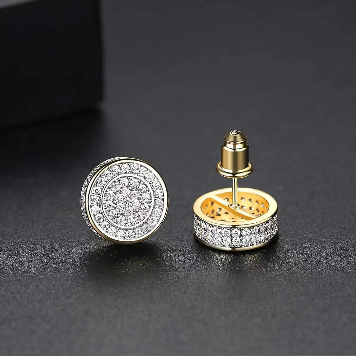 Gold Earrings for Men, Cubic Zirconia Stud Earrings for Women, Round Square Hypoallergenic Earrings,14K Gold Plated Earrings Set for Hip Hop Boy