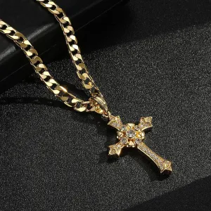 Gold Gothic Cross Pendant with Stones 22 Inch 5mm Cuban Chain