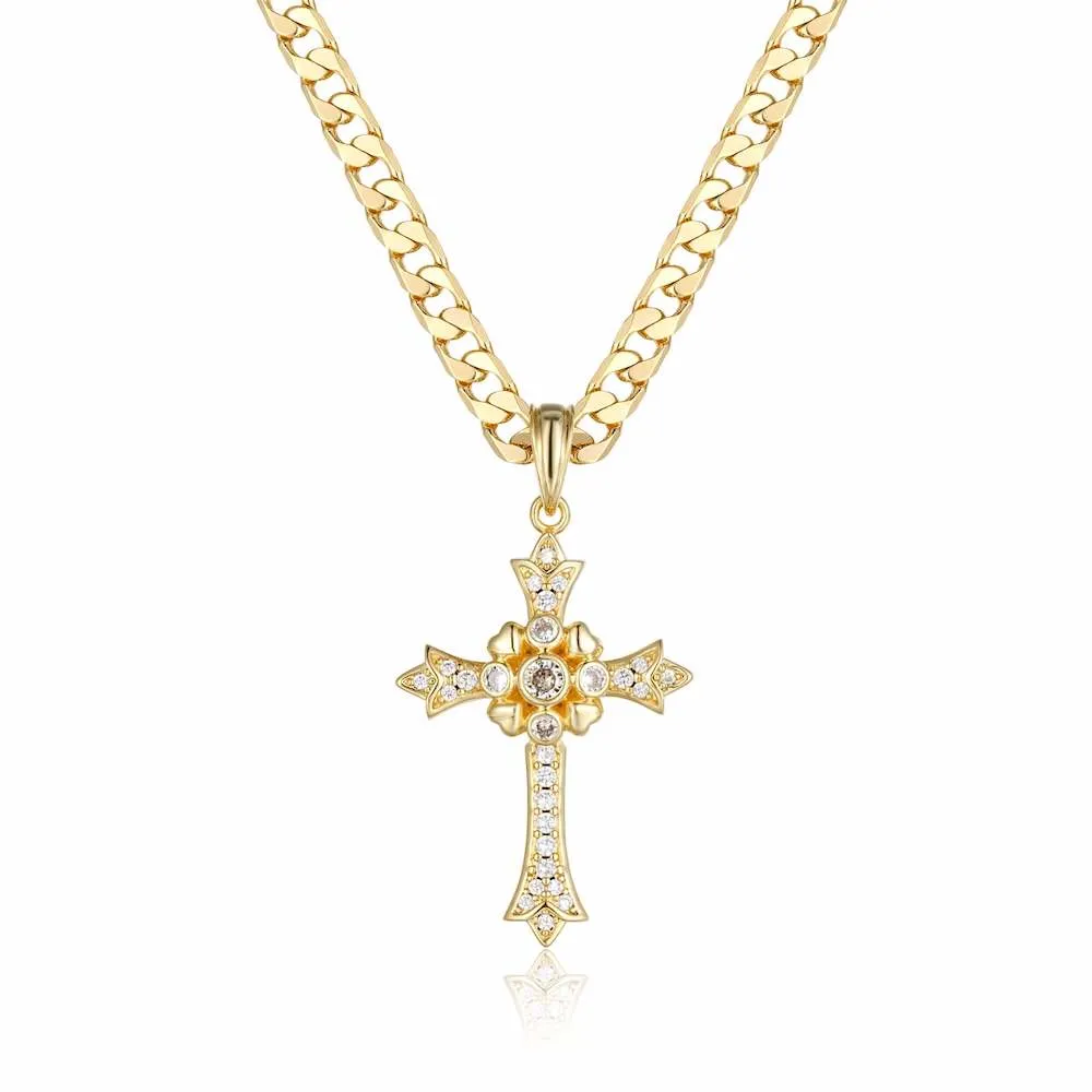 Gold Gothic Cross Pendant with Stones 22 Inch 5mm Cuban Chain