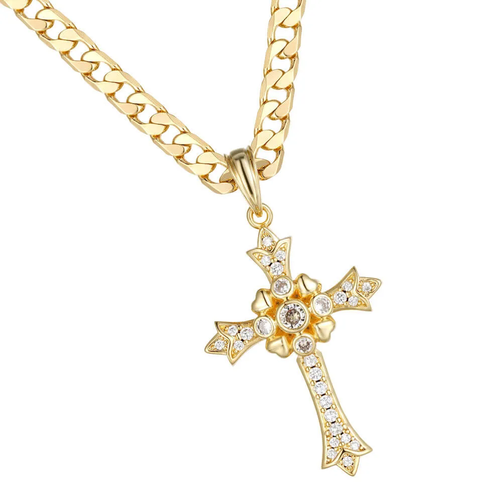 Gold Gothic Cross Pendant with Stones 22 Inch 5mm Cuban Chain